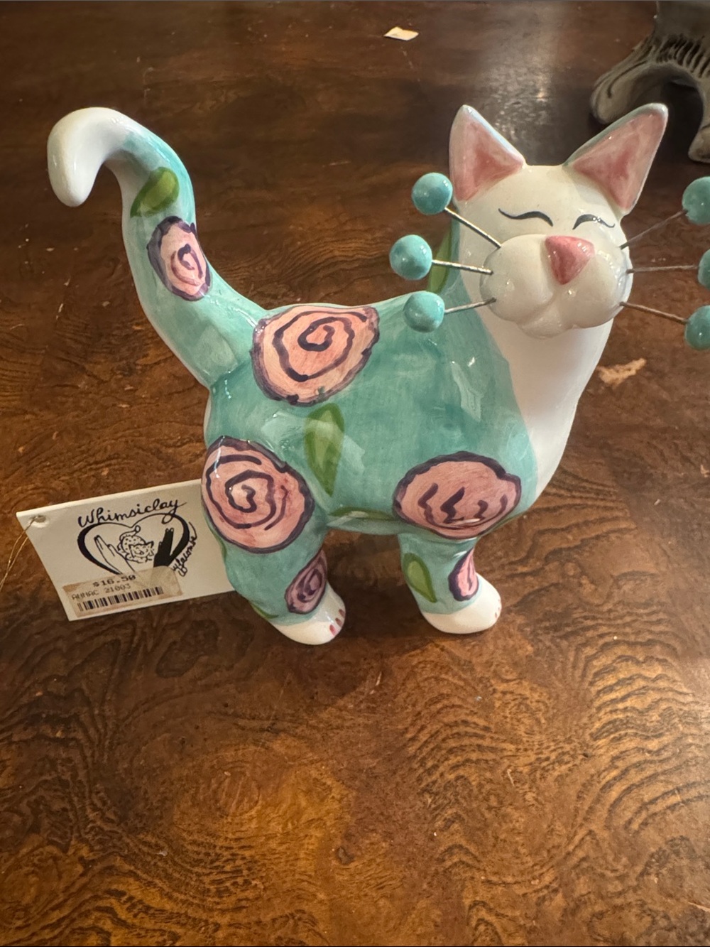 2001 Amy Lacombe Vintage Whimsical Cat Figurine Pink Floral Accents Teal & White